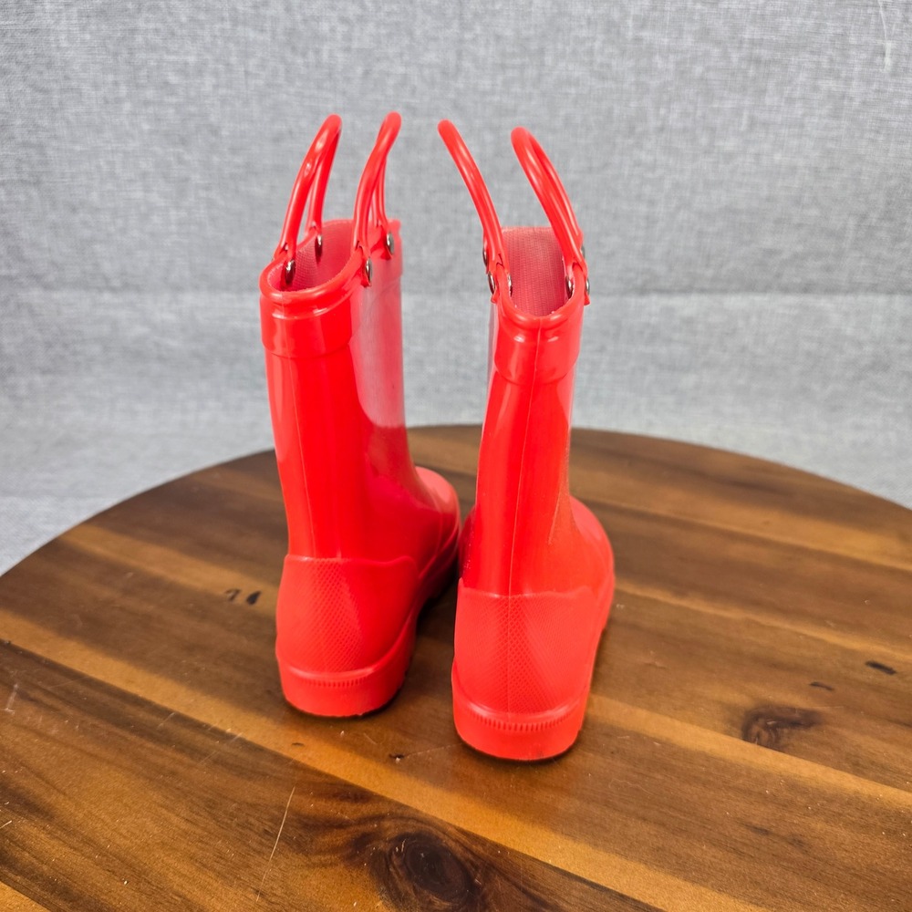 Red Toddler Rain Boots Size 8 Waterproof Pull On Handles Glossy Rubber Boots - Picture 10 of 13